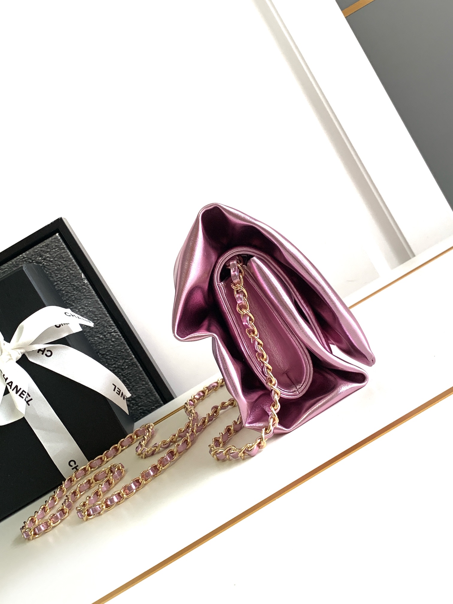 24B Bow Bag Evening Clutch with Chain in Metallic Pink Shiny Lambskin with Light Gold-Tone Hardware