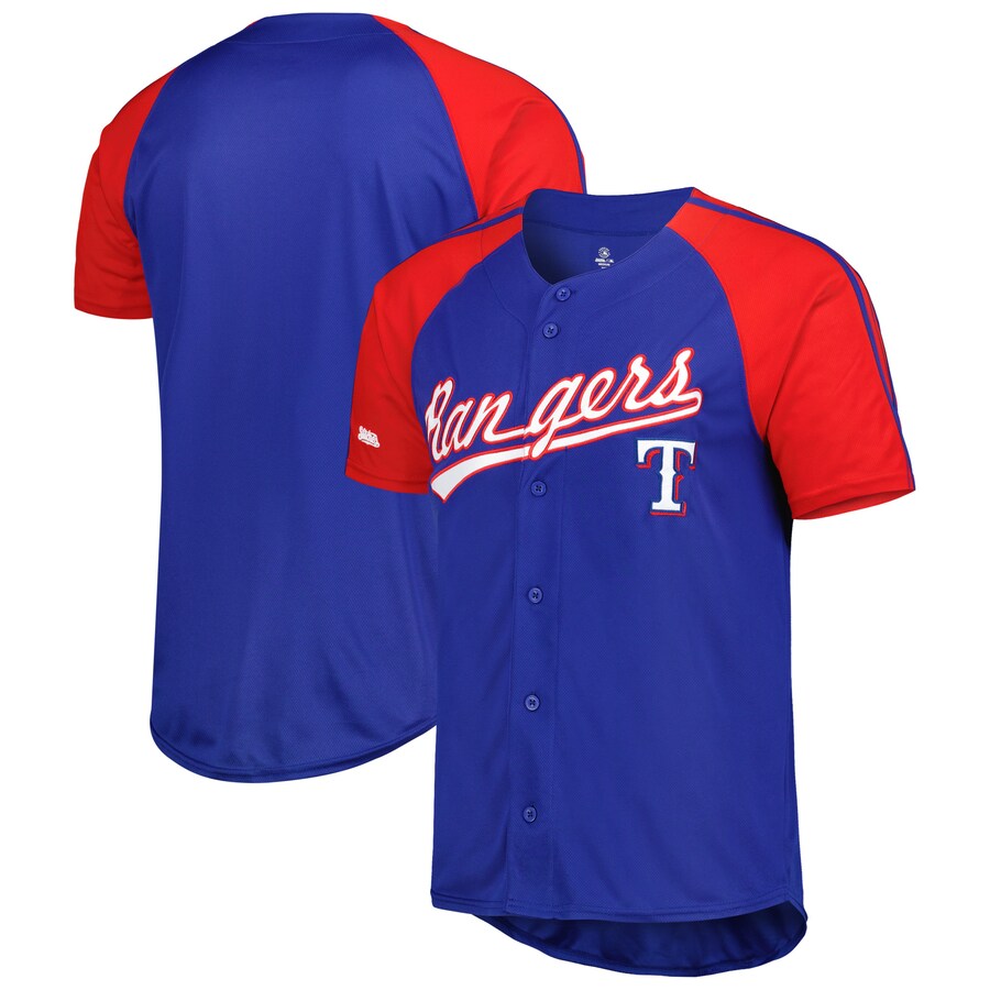 Texas Rangers Stitches Button-Down Raglan Fashion Jersey Royal