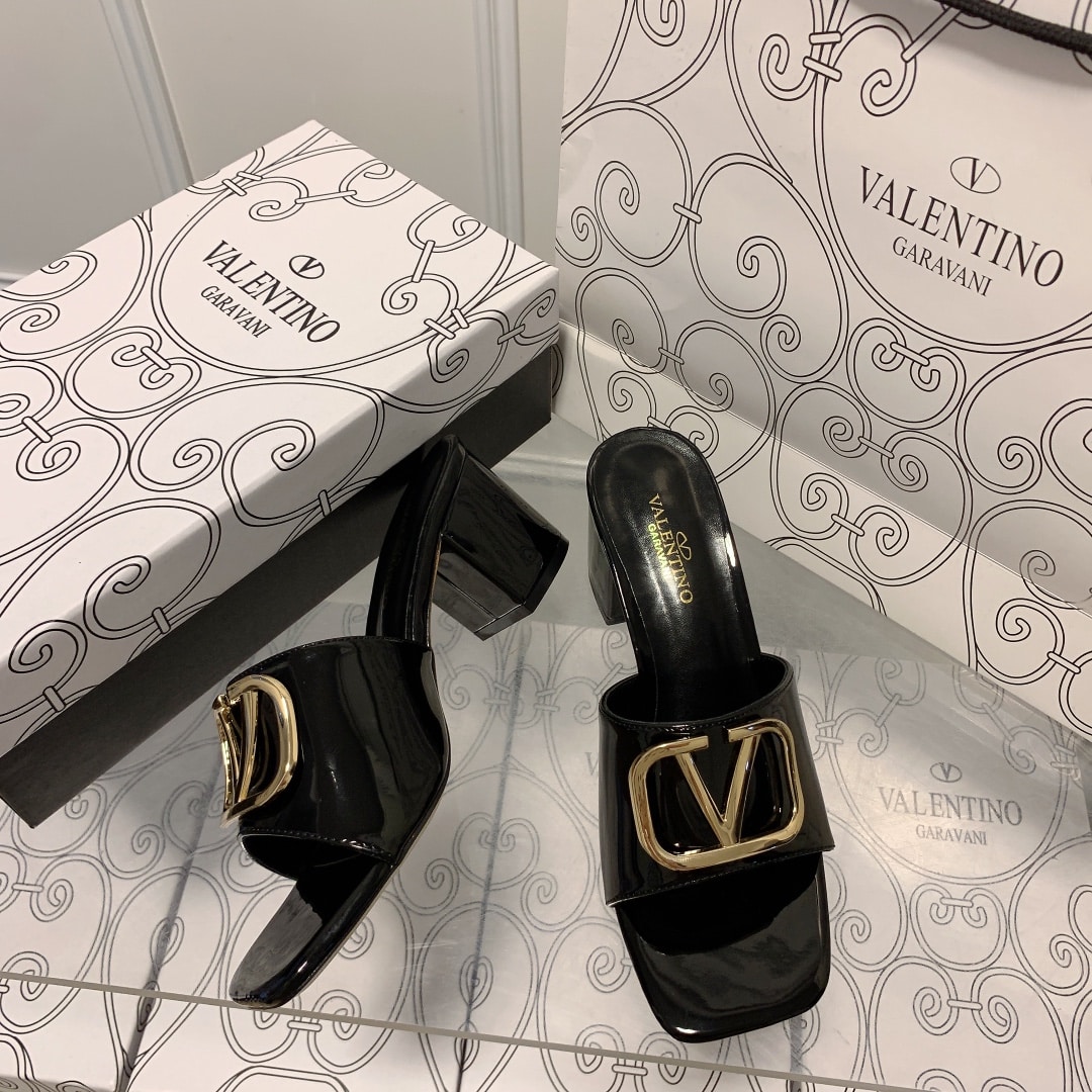 Valentino VLogo Signature Square-Toe Mid-Heel Slide Sandals - Black
