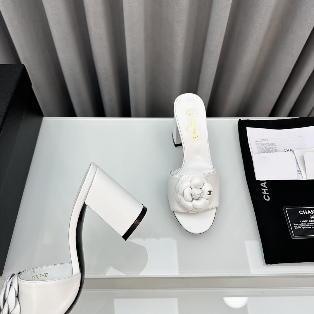 Chanel Camellia Medium Heel Slippers White