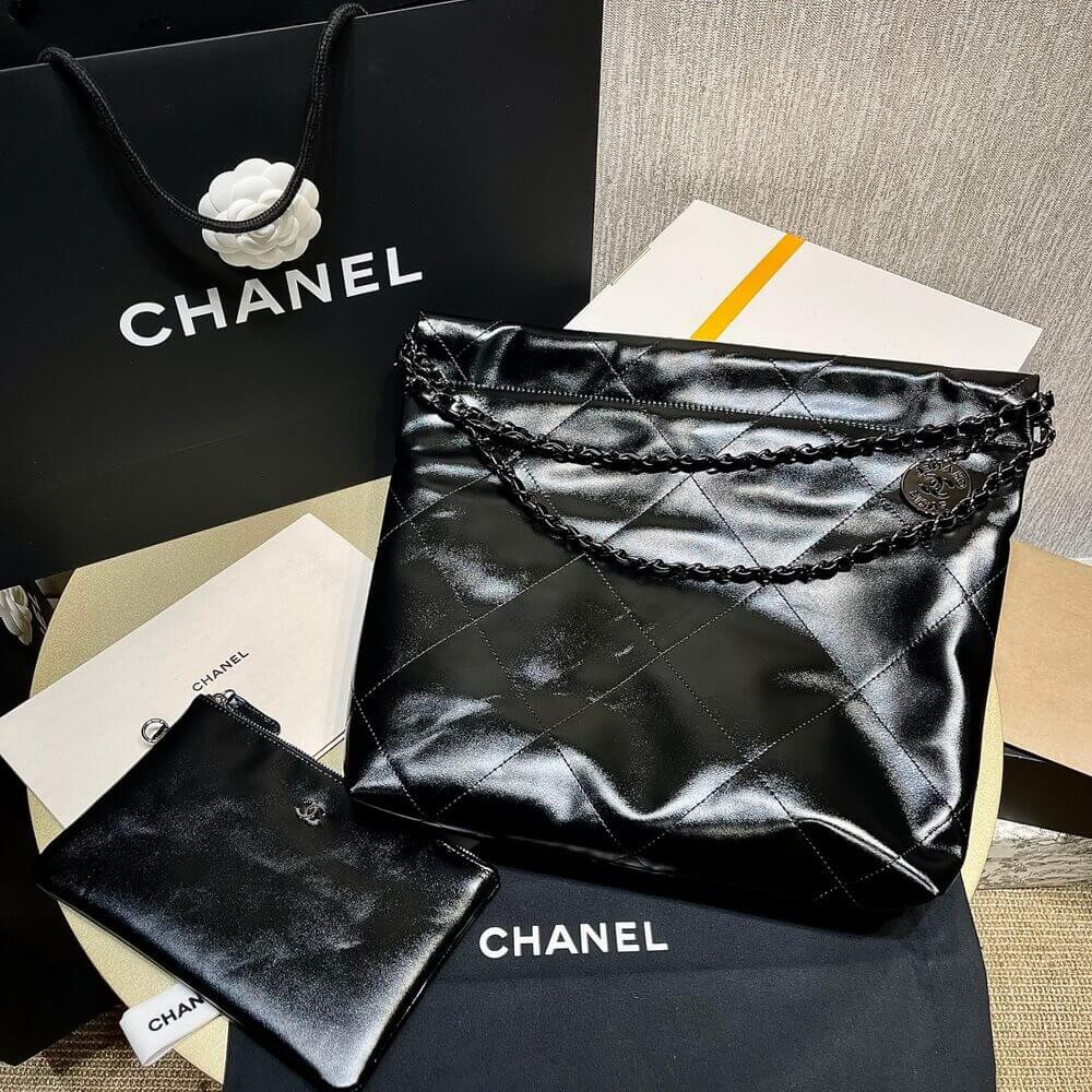 Chanel 22 Small Handbag Shiny Calfskin Black with Black logo