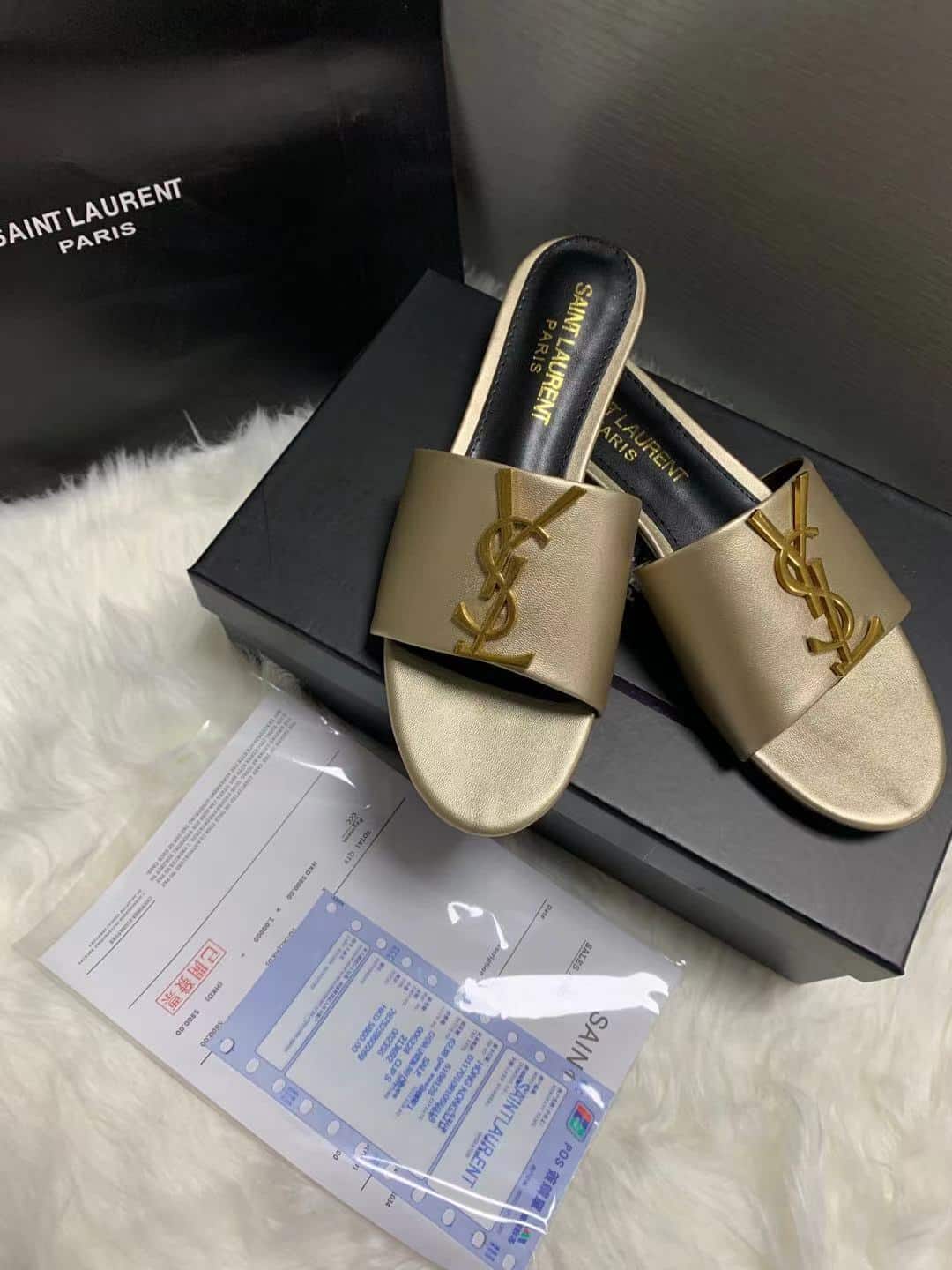 Saint Laurent Logo Slippers Metallic