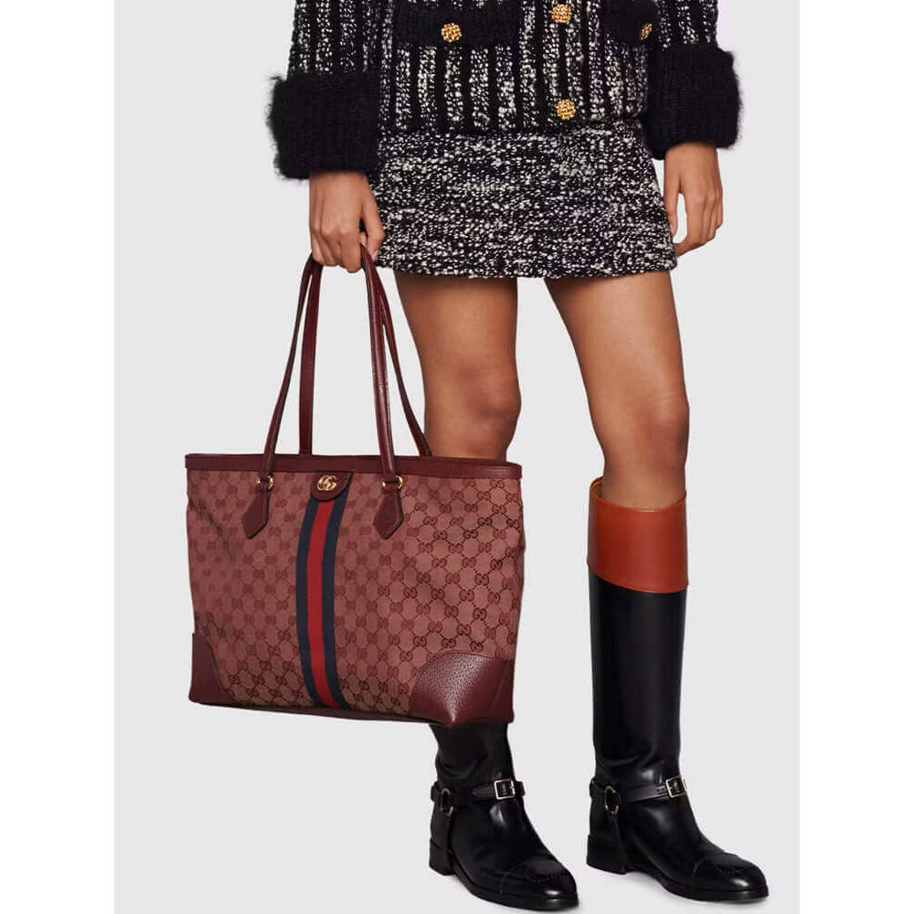 Gucci Ophidia Medium Tote With Web in Burgundy GG Canvas