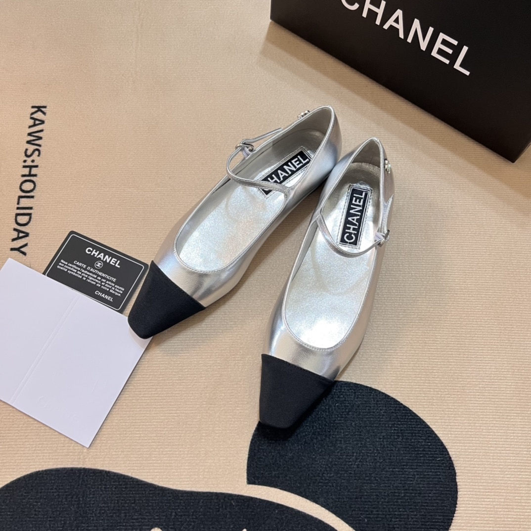 Chanel Square Toe Ballet Flats Black Silver