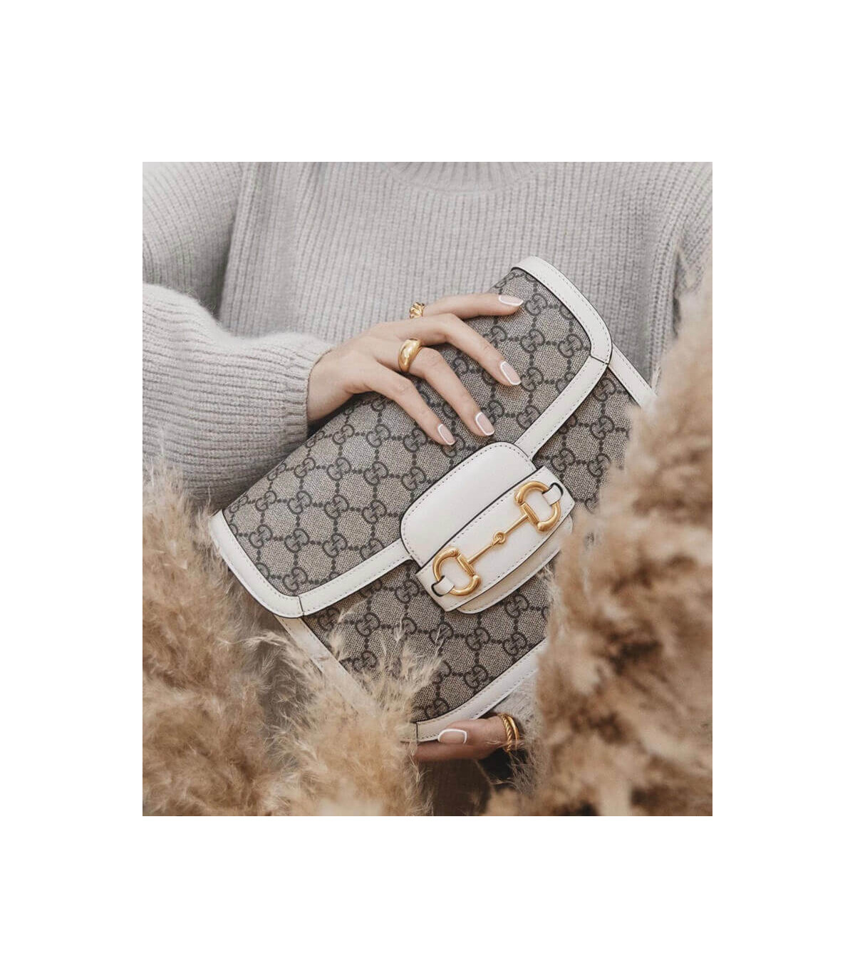 Gucci 1955 Horsebit White GG Supreme Canvas Shoulder Bag 25cm