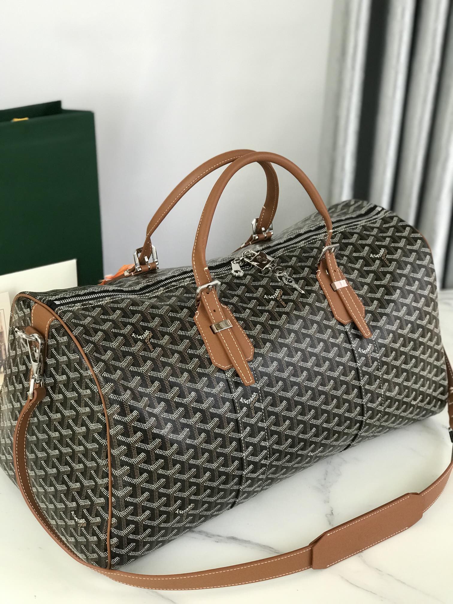 Goyard Boston 50 Bag Cm Black Goyardine Canvas And Tan Calfskin Trim