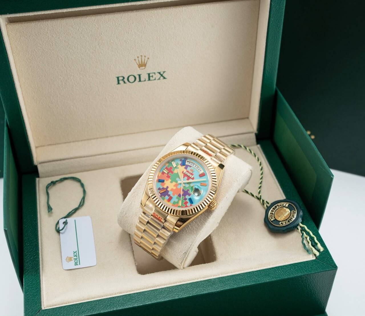 [Superclone] Rolex Day-Date 36mm Rainbow Sapphire & Puzzle Dial President 128238