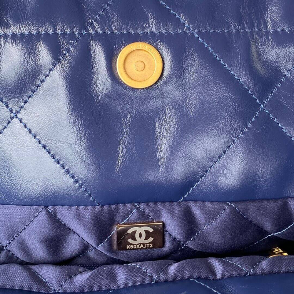 Chanel 22 Small Handbag Shiny Calfskin Blue Gold