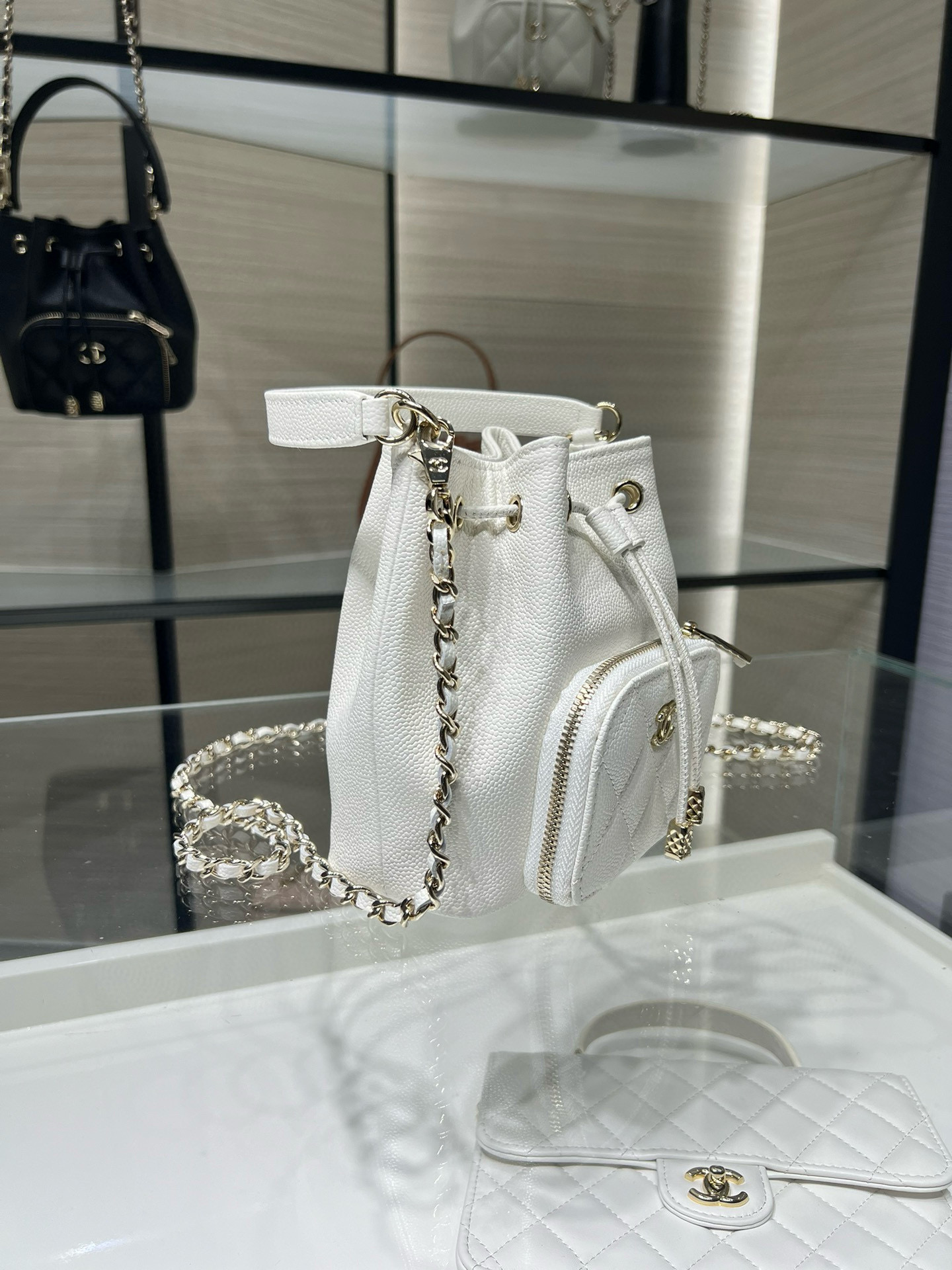 Small Drawstring Bucket Bag in White Quilted Grained Calfskin with Gold-Tone Metal (Model AP4775)