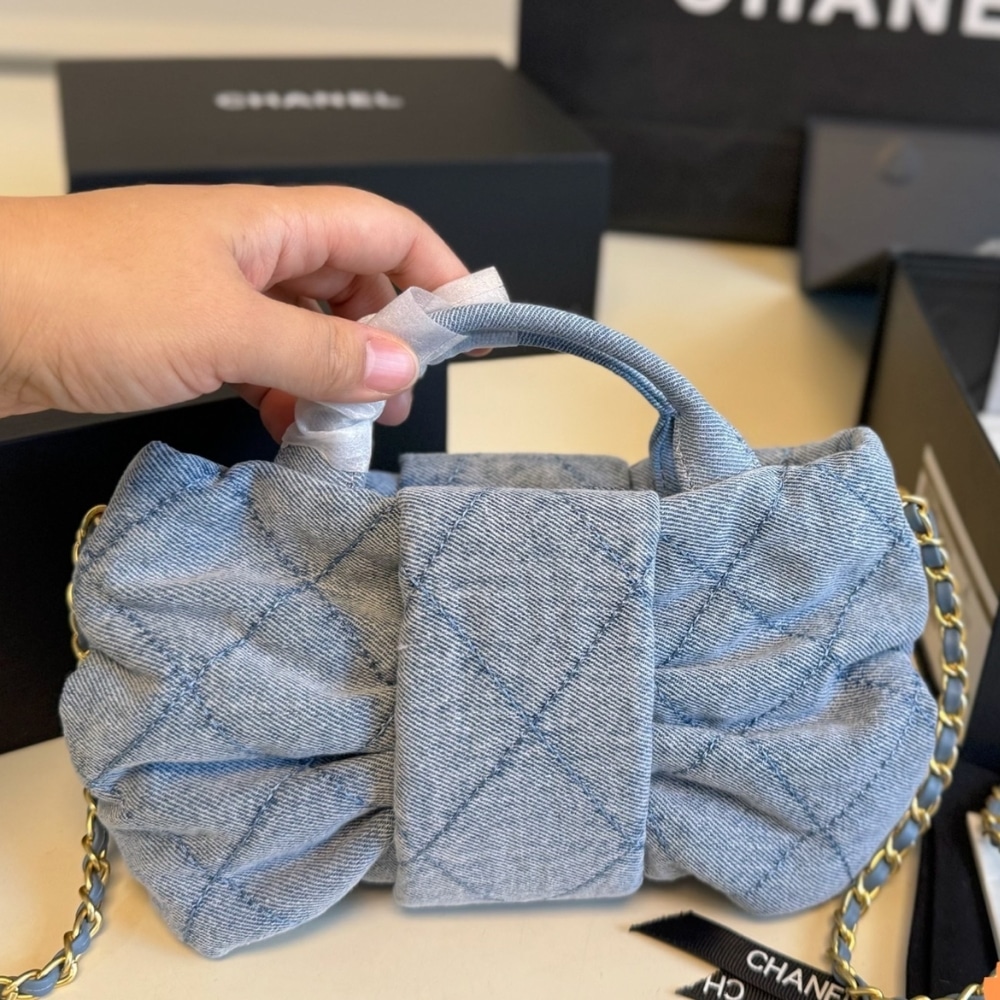 Chanel Mini Bow Bag Washed Denim And Gold Tone Metal Blue 21Cm