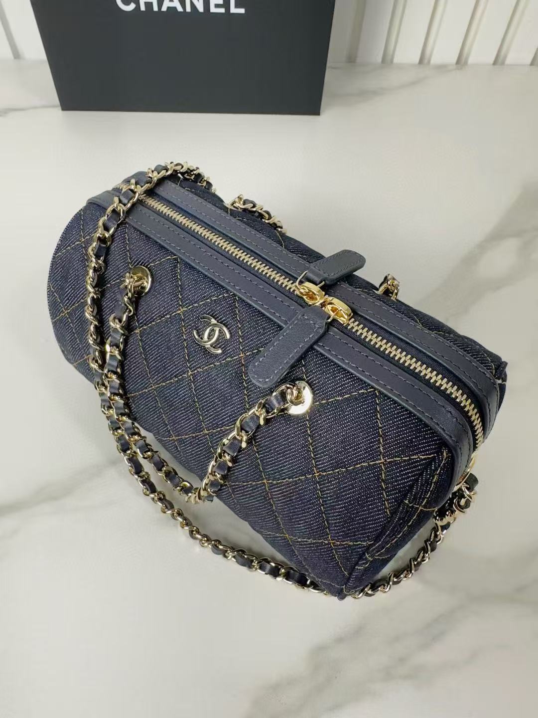 Quilted Denim Bowling Bag with Chain in Dark Blue Denim with Gold-Tone Hardware, 25B Fall-Winter Collection