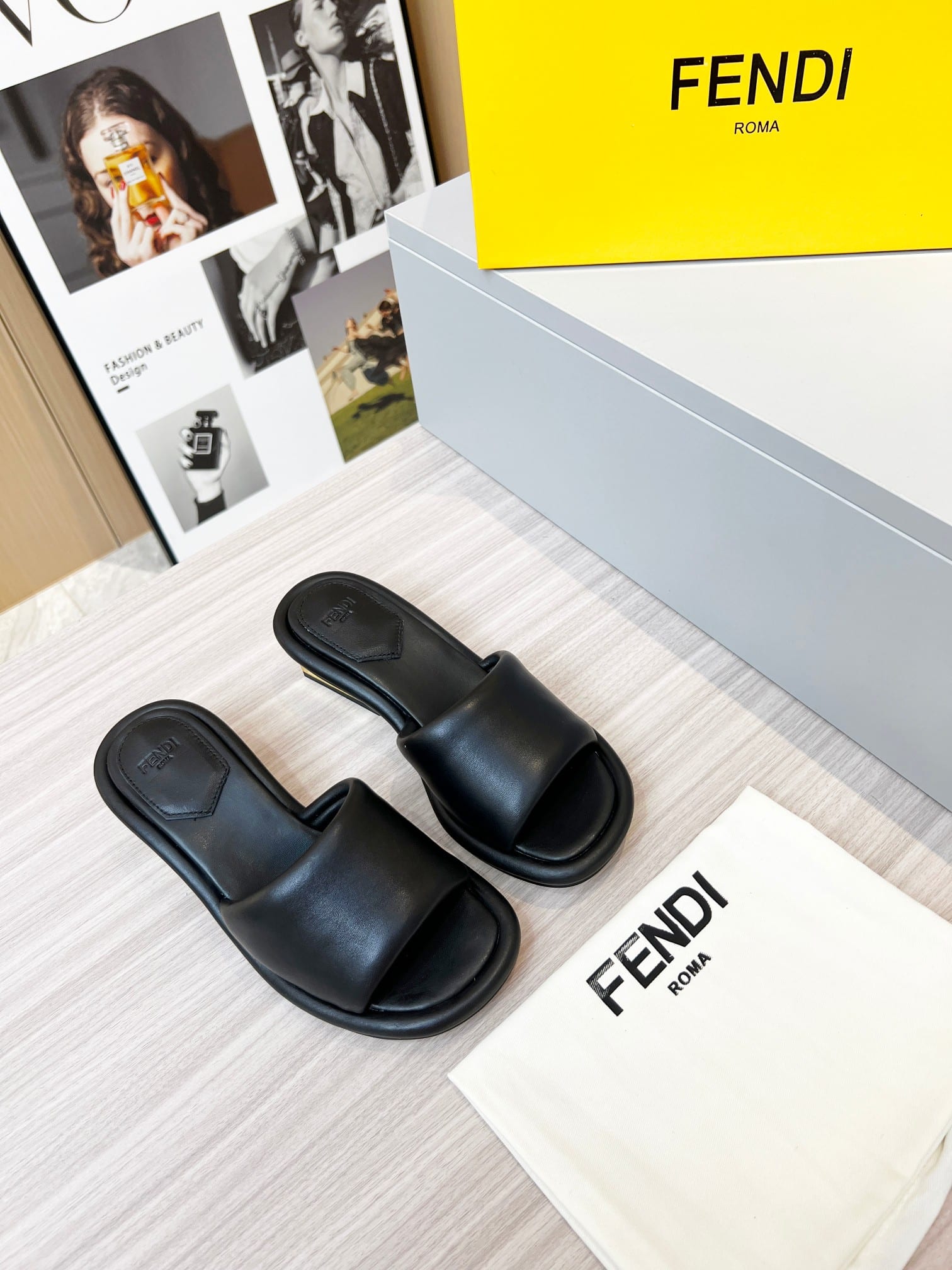 Fendi Cutout Metal Block Heel Padded Leather Sandals Black