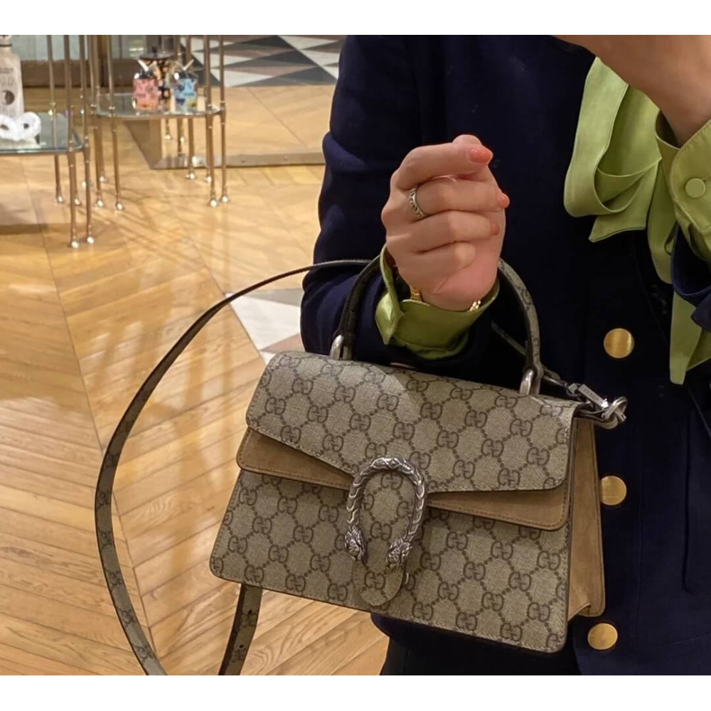Gucci Small Dionysus Top Handle Bag Taupe Suede Trim