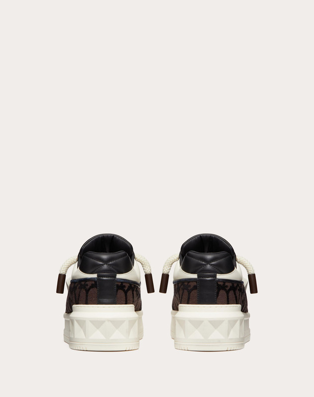 VALENTINO ONE STUD XL LOW-TOP SNEAKER IN NAPPA LEATHER AND TOILE ICONOGRAPHE FABRIC