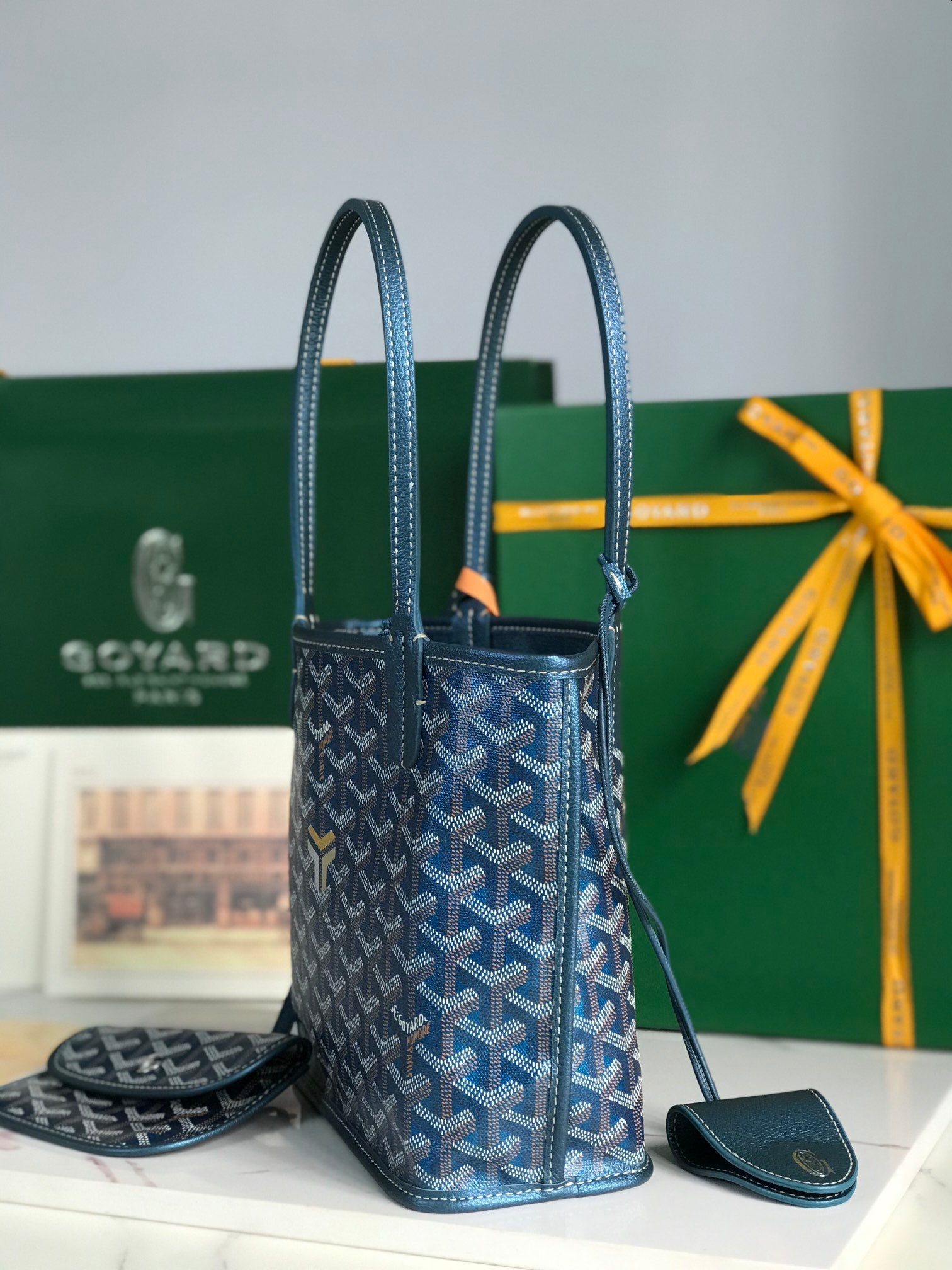 Goyard Anjou Mini Bag 20Cm Deep Blue Canvas Chevroches Calfskin