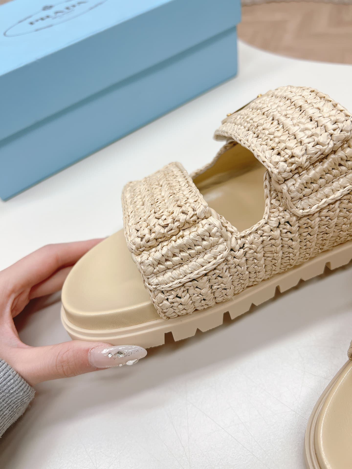Prada Raffia Double Band Slide Sandals Beige 1Xx699 F020 2C2T F0018