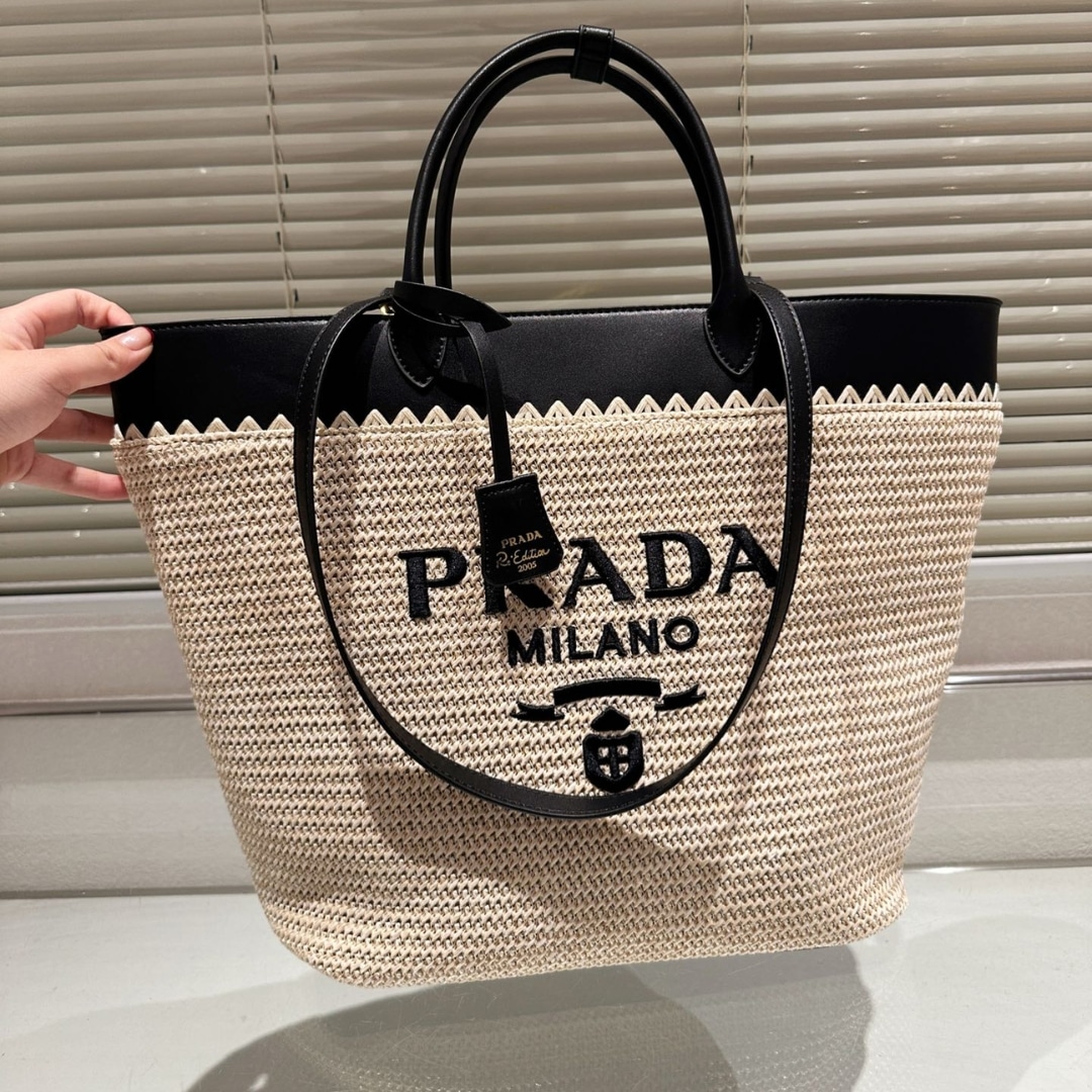 Prada Crochet And Leather Tote Bag Tan And Black 33Cm