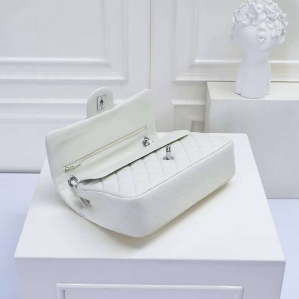 Chanel Classic Double Flap Bag White Silver Hardware 25cm