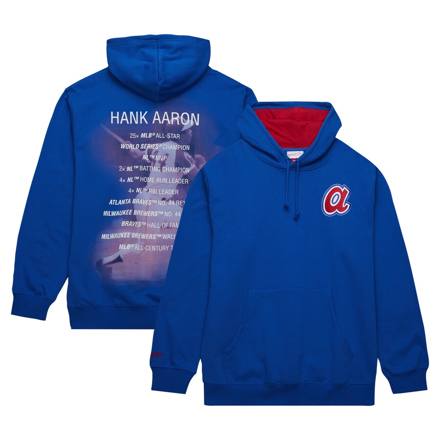 Hank Aaron Atlanta Braves Mitchell&Ness Vintage Logo Name&Number Pullover Hoodie Royal