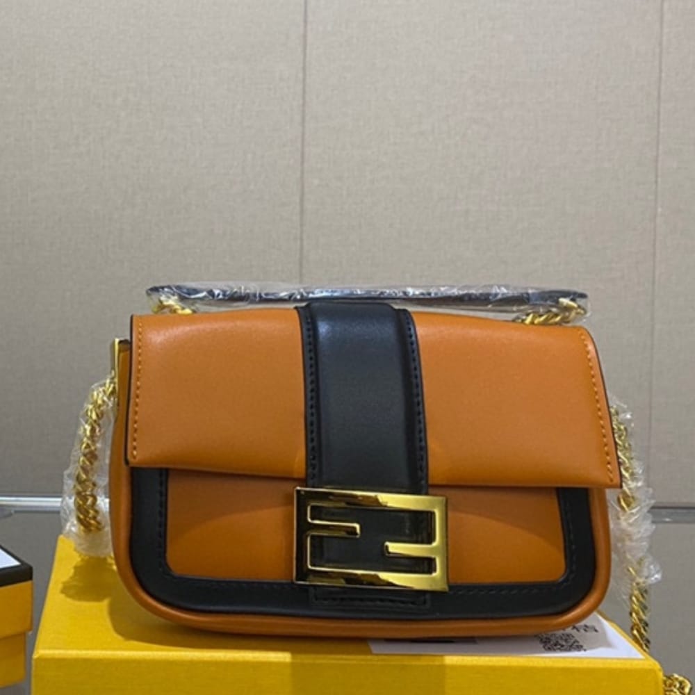 Fendi Women Mini Baguette Chain Shoulder Bag Brown 19Cm