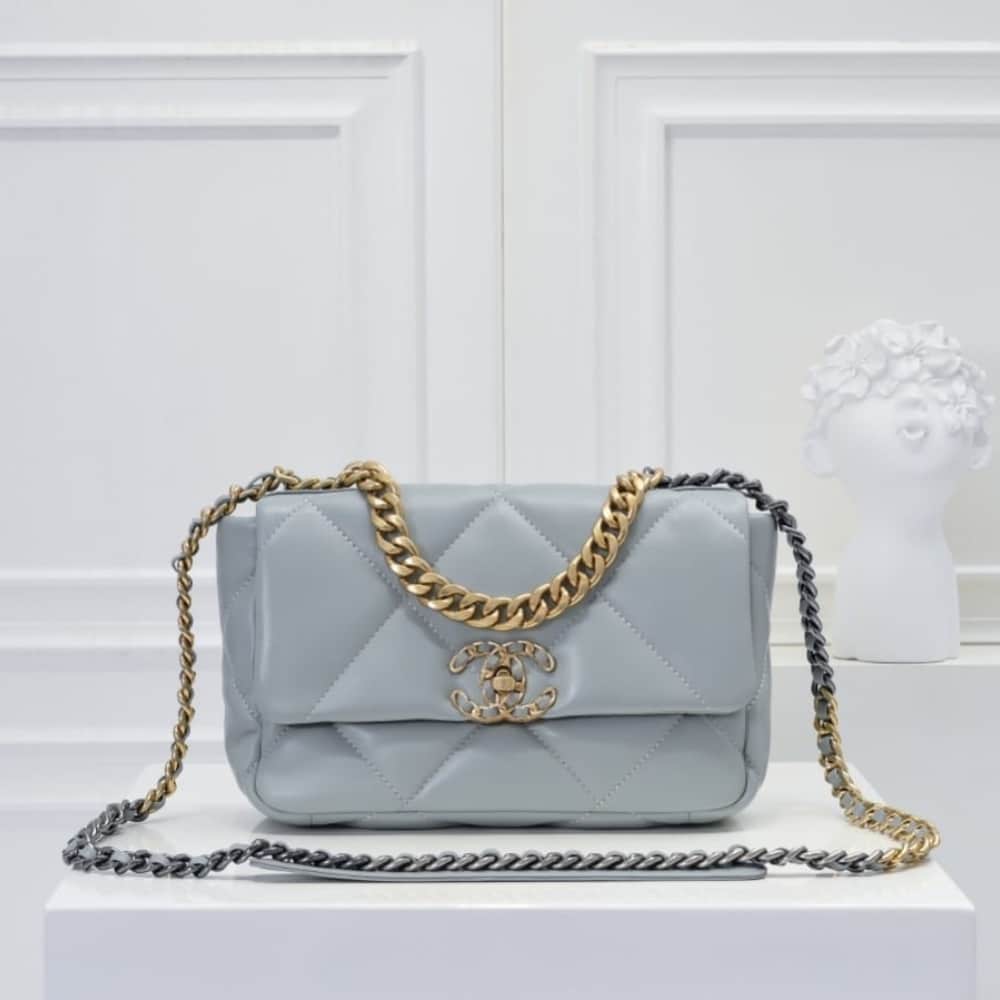 Chanel 19 Flap Bag Shiny Gold And Silver Tone Light Blue 26Cm