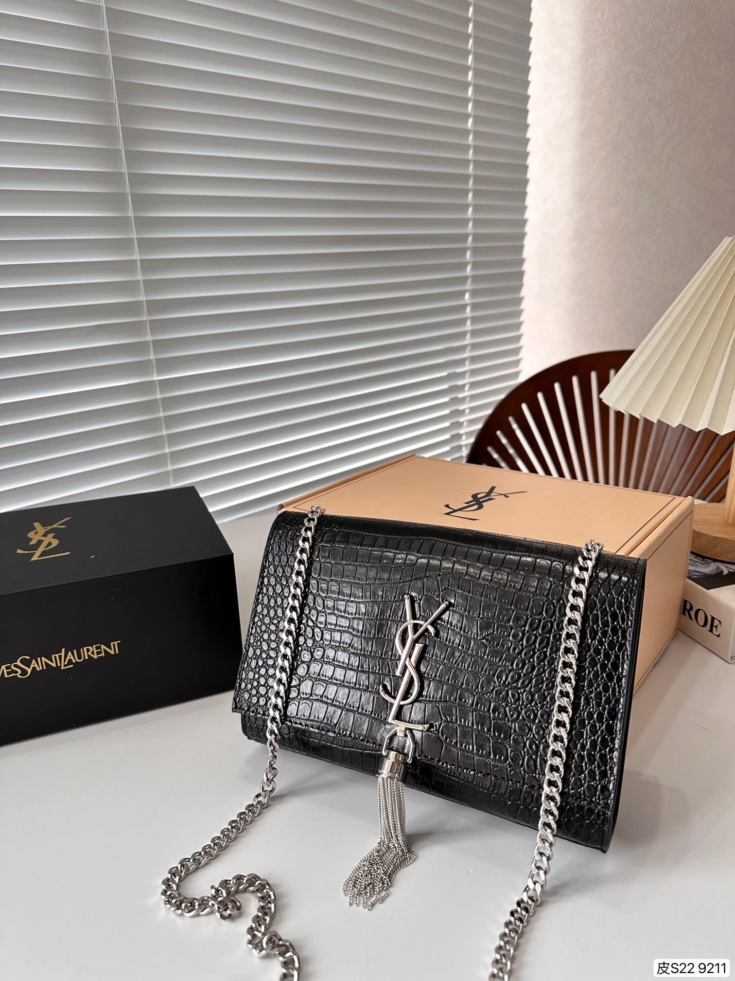 Saint Laurent Kate Tassel Medium Crocodile Embossed Leather Black 22Cm