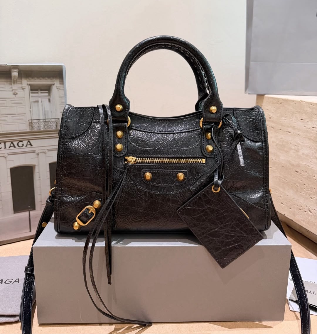 Balenciaga Black Lambskin Leather Giant Silver Work Bag 30cm/11.8in