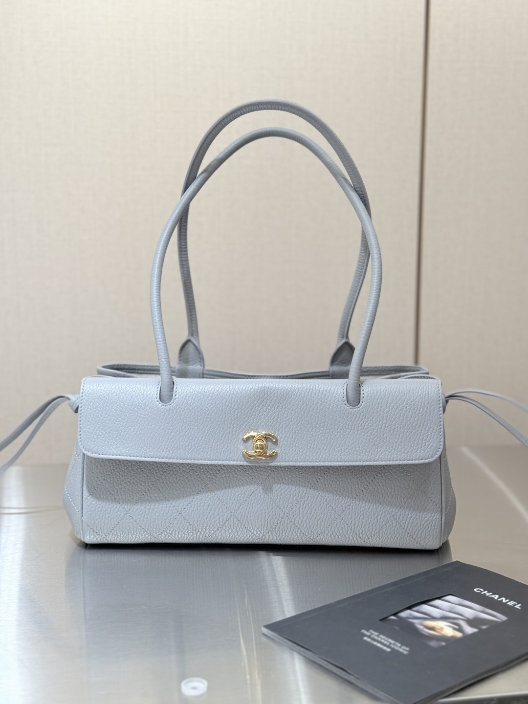 26P Cruise Preppy Coco Bowling Bag in Light Grey Caviar Leather with Gold-Tone Hardware