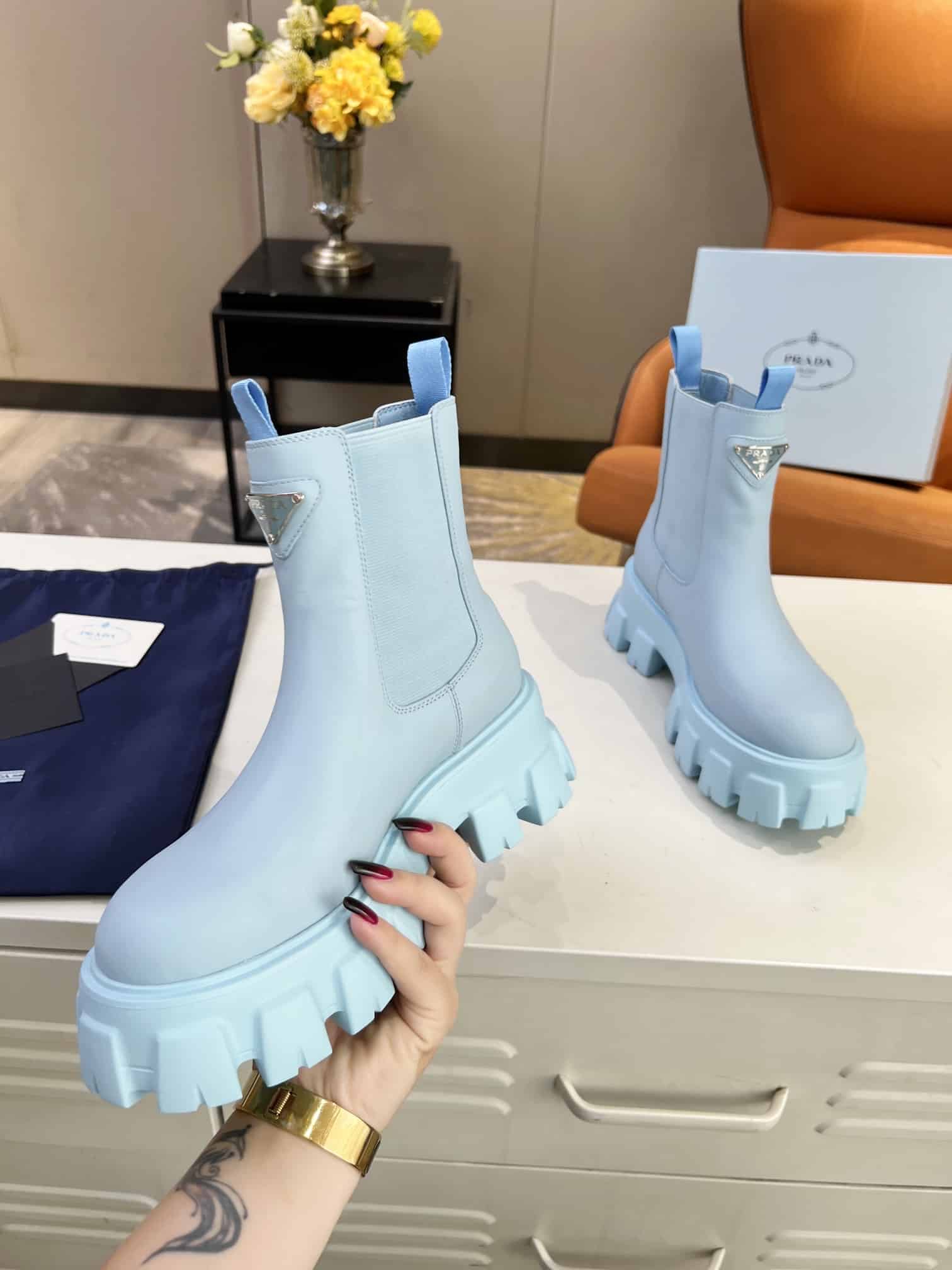 Prada Monolith Brushed Leather Booties Blue