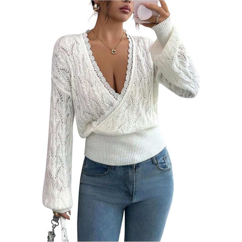 Women's Lace Sweater V Neck Wrap Long Sleeve Crochet Knit Pullover