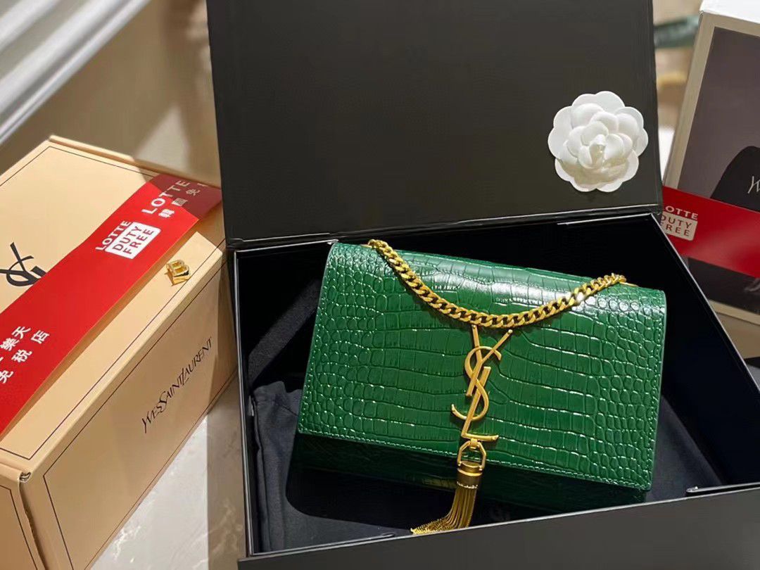 Saint Laurent Kate Tassel Medium Crocodile Embossed Leather Green With Gold Hardware 22Cm