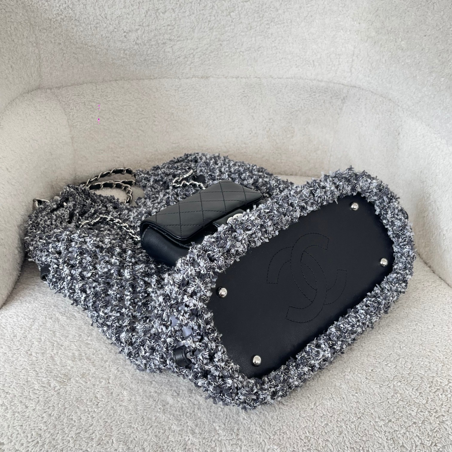 24C Black-Grey Knitted Mesh Tote Handbag with Attached Black Calfskin Mini Flap Bag and Silver-Tone Hardware