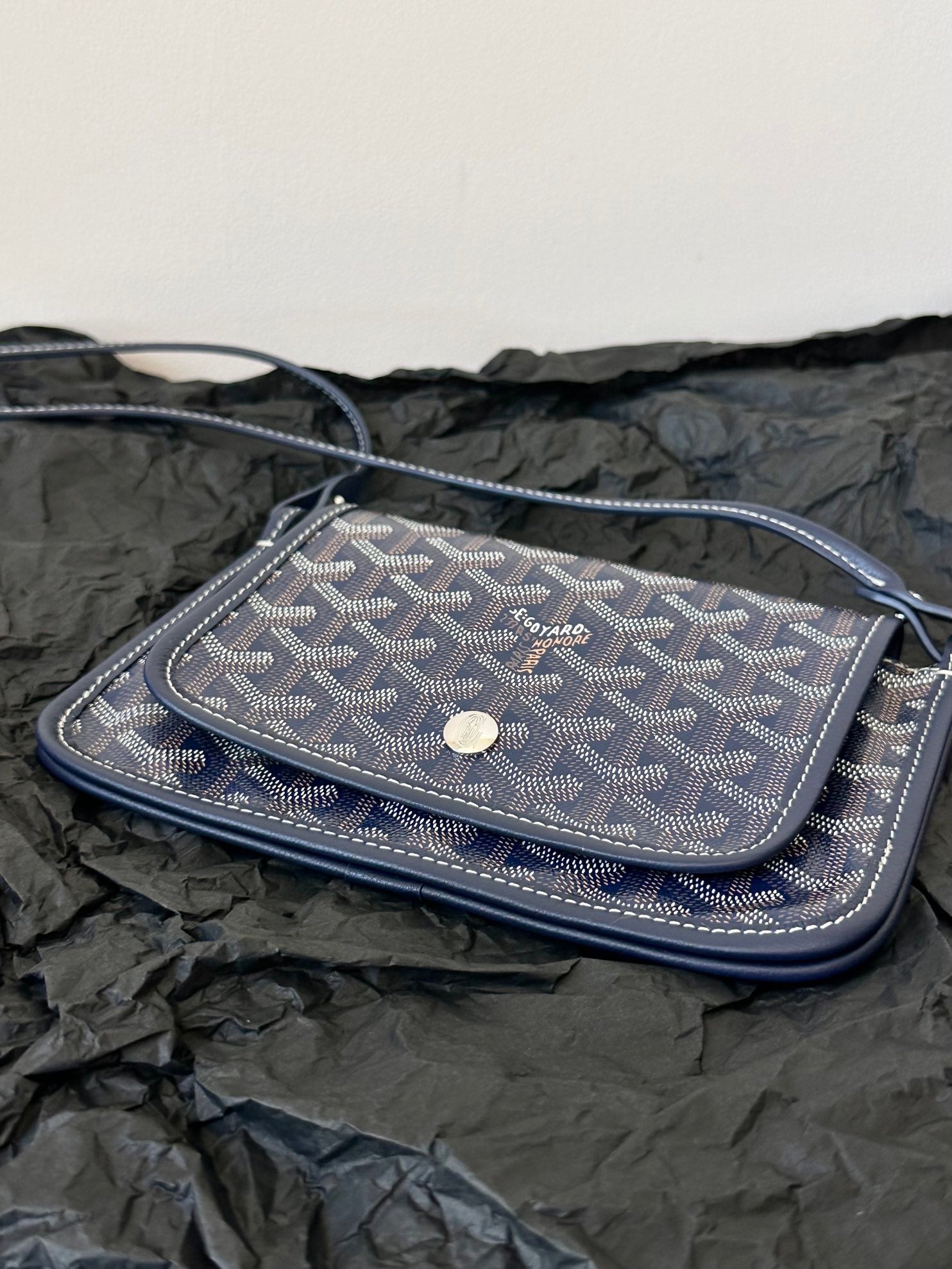 Goyard Plumet Pocket Wallet 20cm Navy Blue Goyardine Canvas And Lambskin Trim