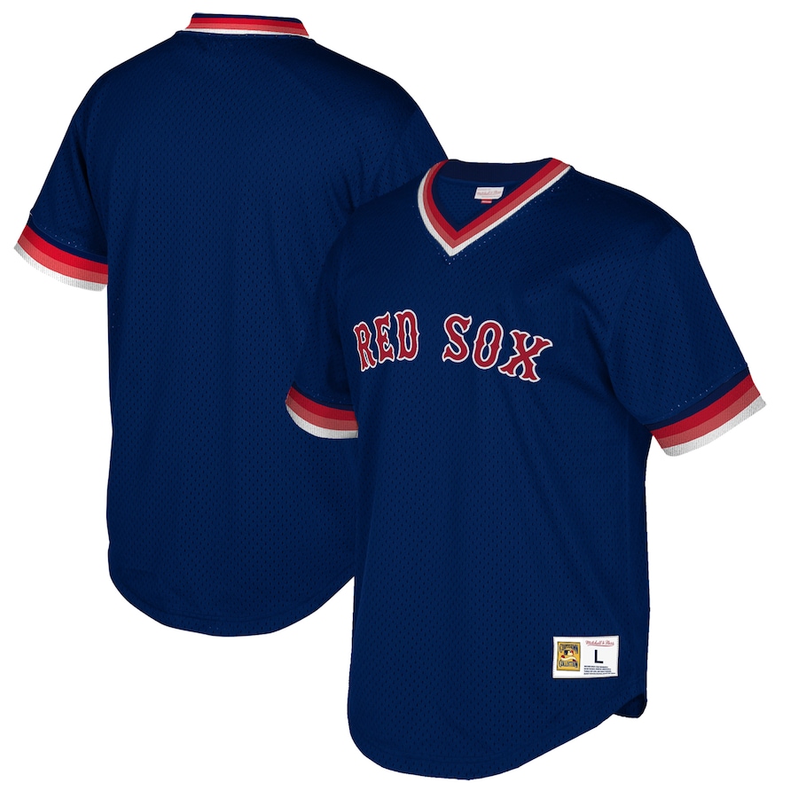 Boston Red Sox Mitchell&Ness Big&Tall Cooperstown Collection Mesh Wordmark V-Neck Jersey Navy