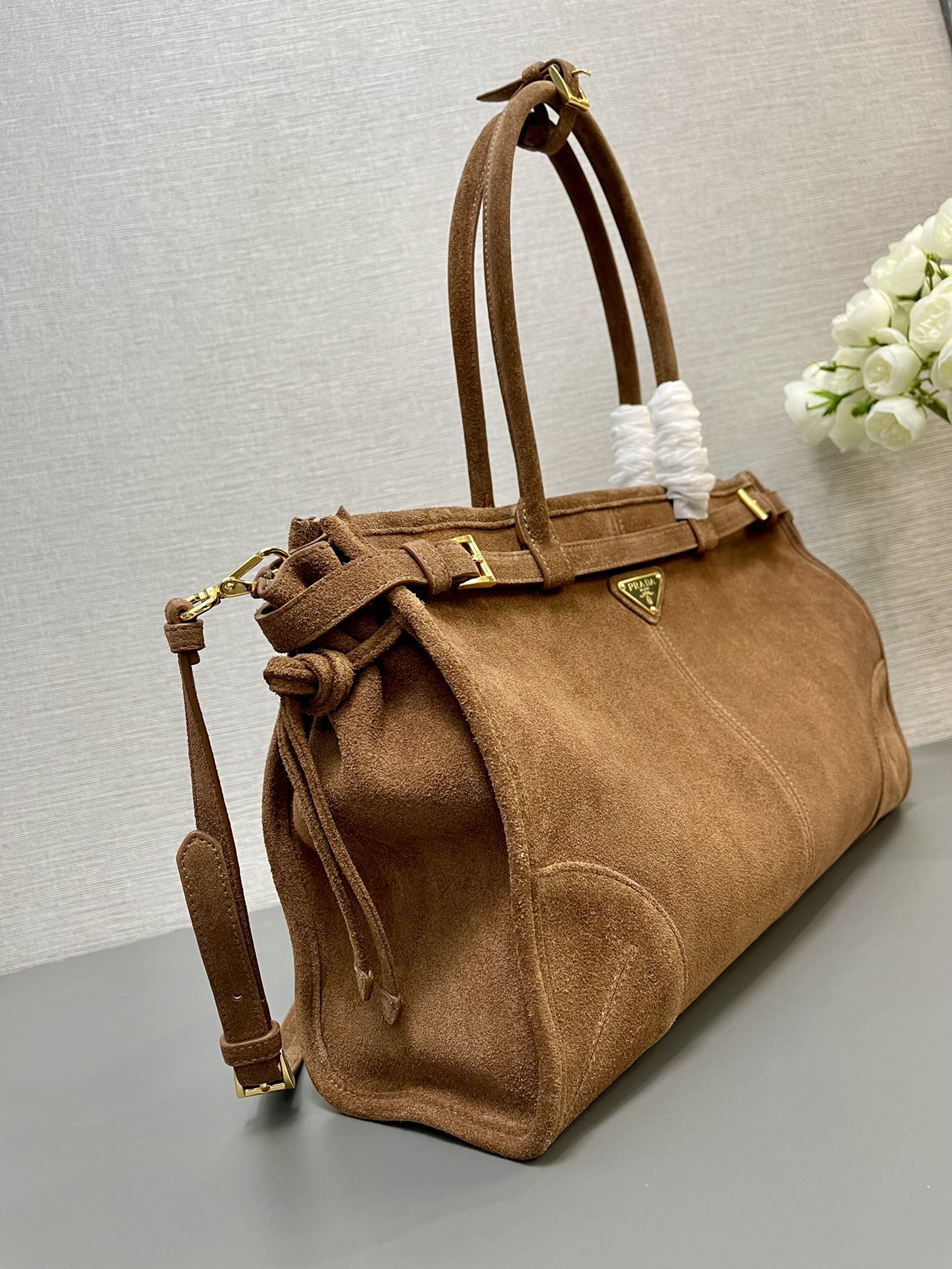 Prada Bonnie Large Suede Handbag Cocoa Brown 38cm