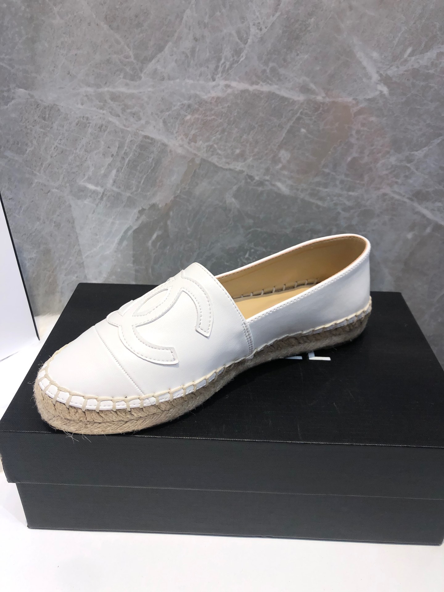 Chanel Embroidered Espadrille Leather Cap Toe Flats White