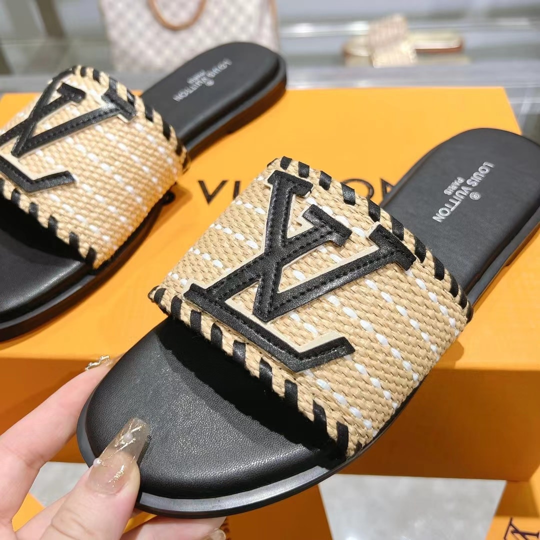 Louis Vuitton Lock It Flat Raffia Mules Black