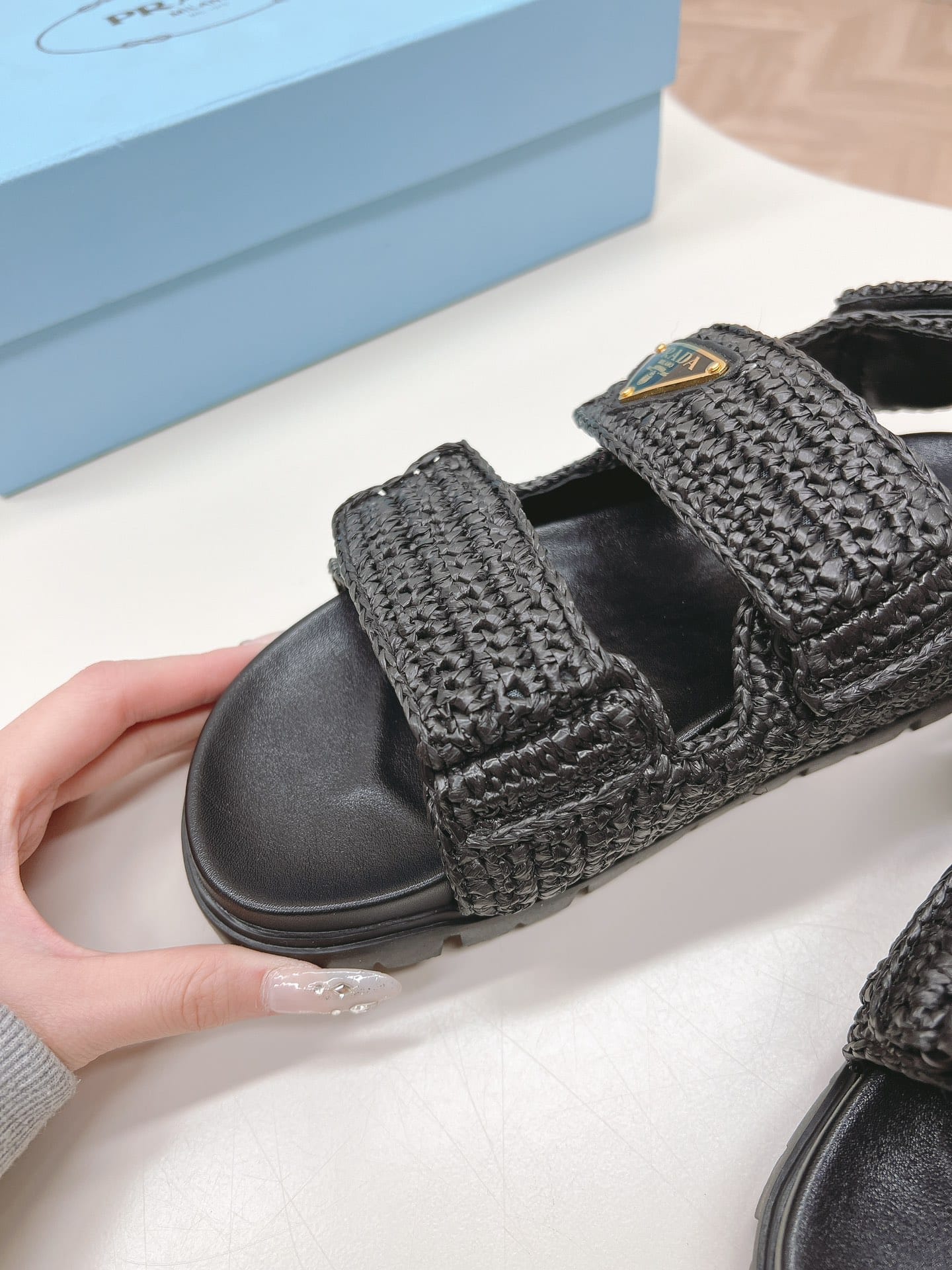 Prada Monolith Crochet Raffia Effect Sandals In Black