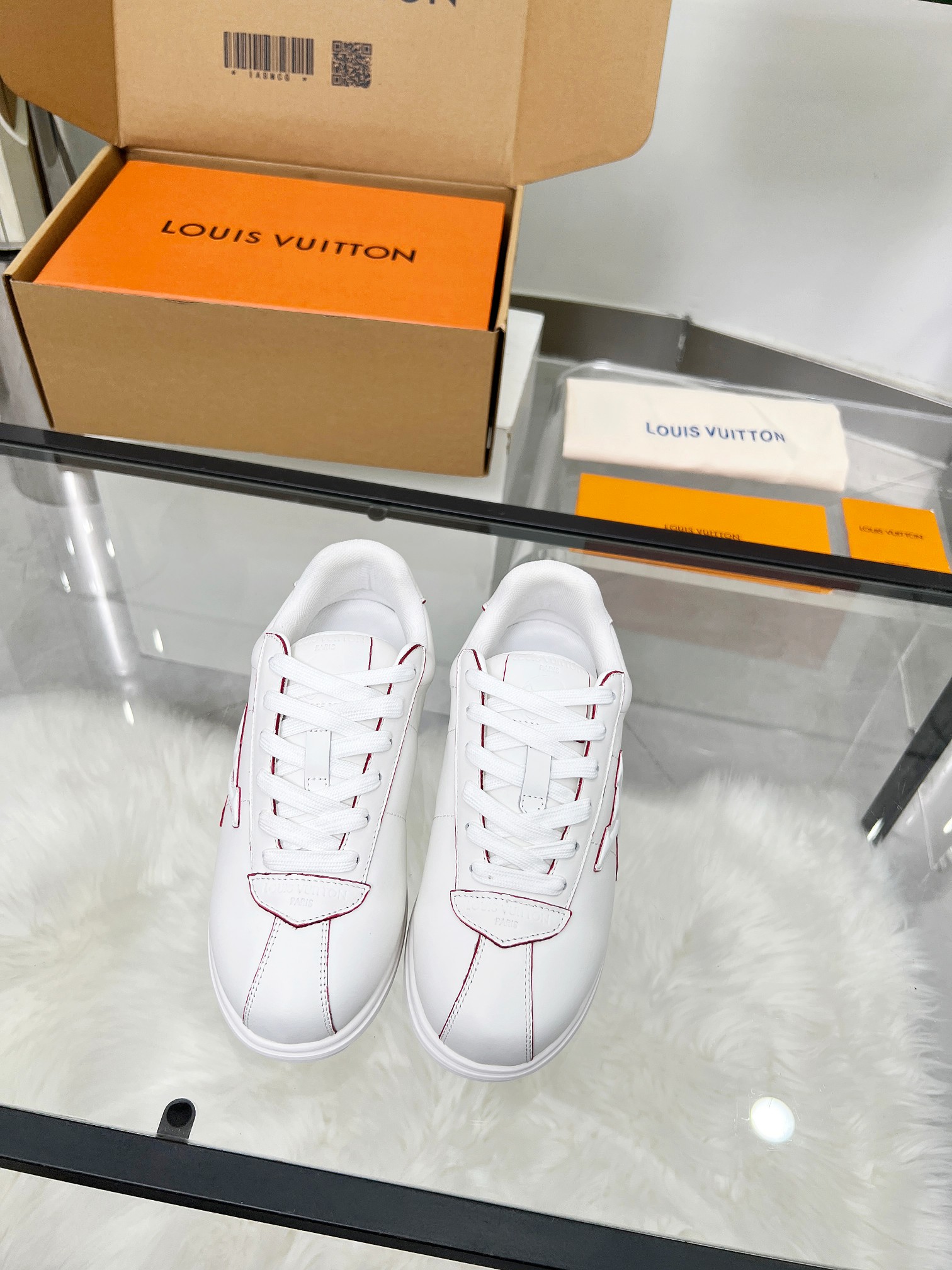 Louis Vuitton LV White Sneakers with Red Stitching – Women’s Shoes