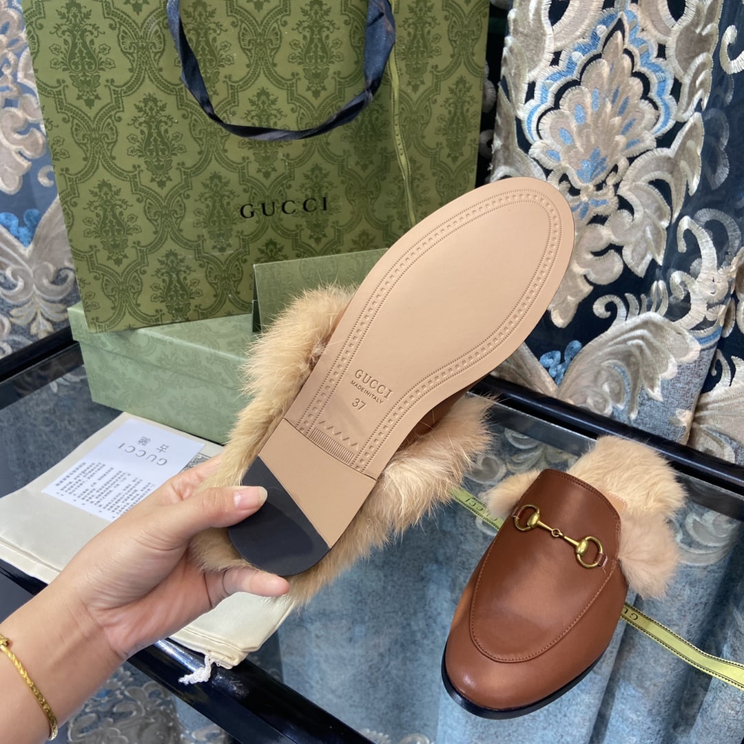 Gucci Princetown Furlined Leather Slippers In Brown