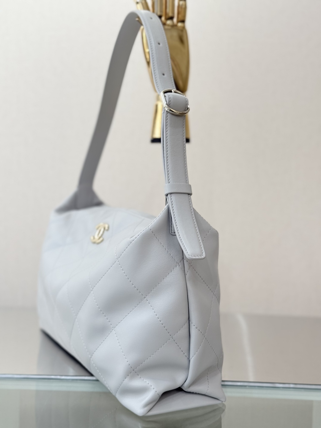 26P Hobo Shoulder Bag in Light Grey Quilted Lambskin with Light Gold-Tone Hardware