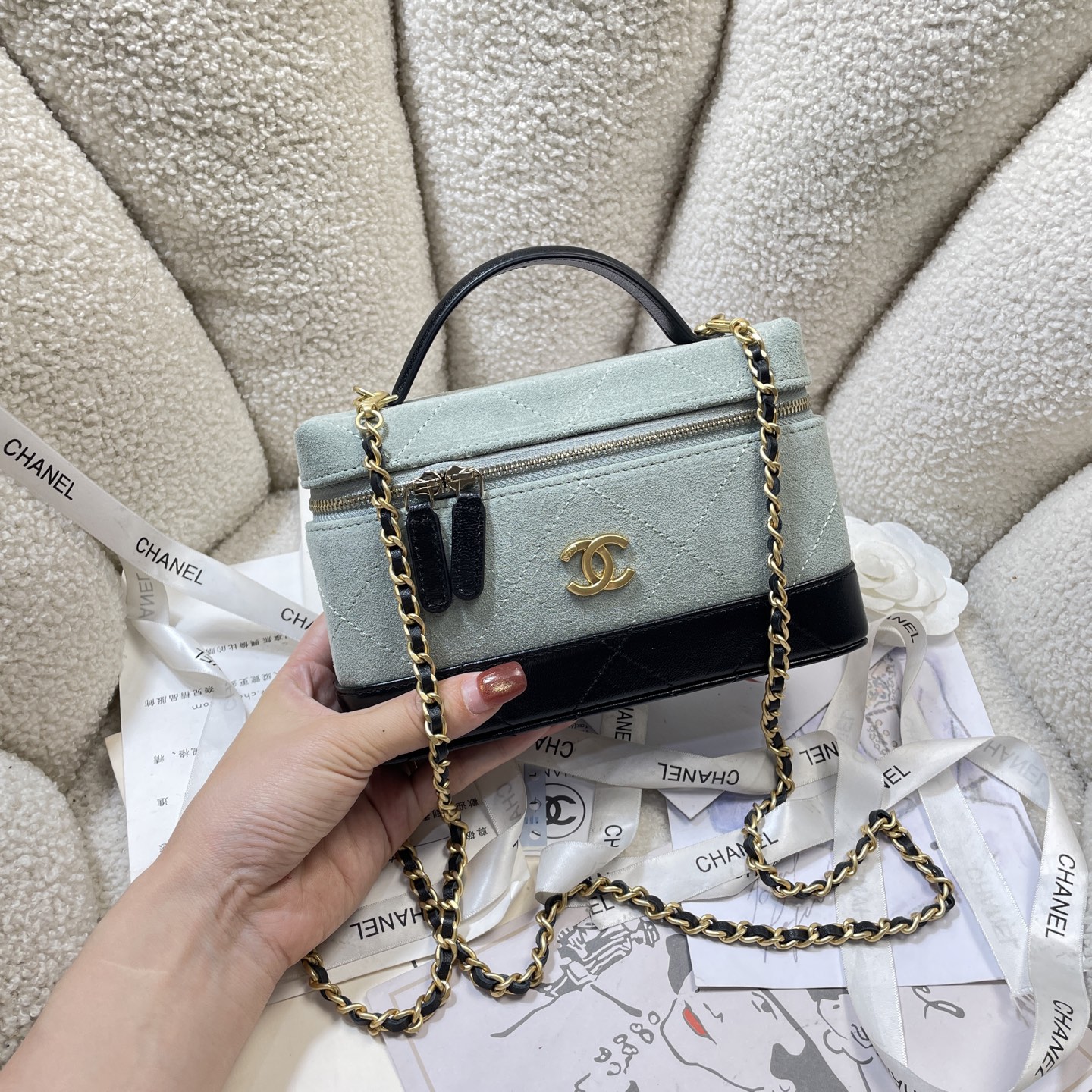 26S Slim Vanity Case with Chain in Mint Green Suede & Black Lambskin with Gold-Tone Hardware
