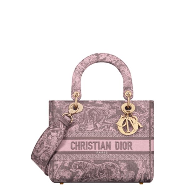 DIOR MEDIUM LADY D-LITE BAG PINK AND GRAY TOILE DE JOUY SAUVAGE EMBROIDERY 24CM