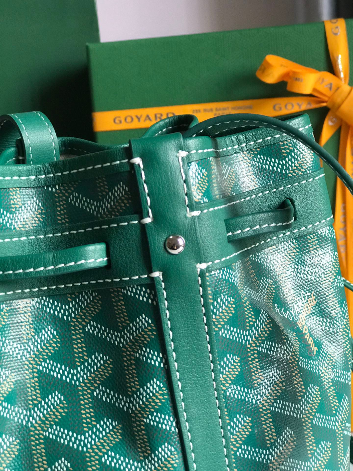 Goyard Petit Flot Bucket Bag 22 Cm Green Goyardine Canvas And Lambskin Trim