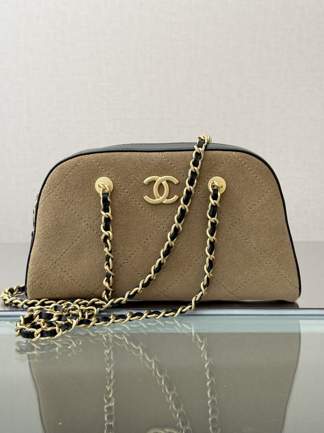 26S BeigeBrown Quilted Suede Calfskin Mini Bowling Bag with Black Calfskin Trim & Gold Hardware