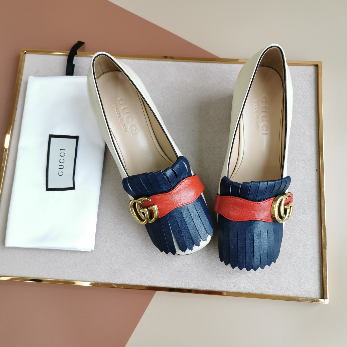 Gucci Wmns White And Blue Leather Mid-Heel Pump