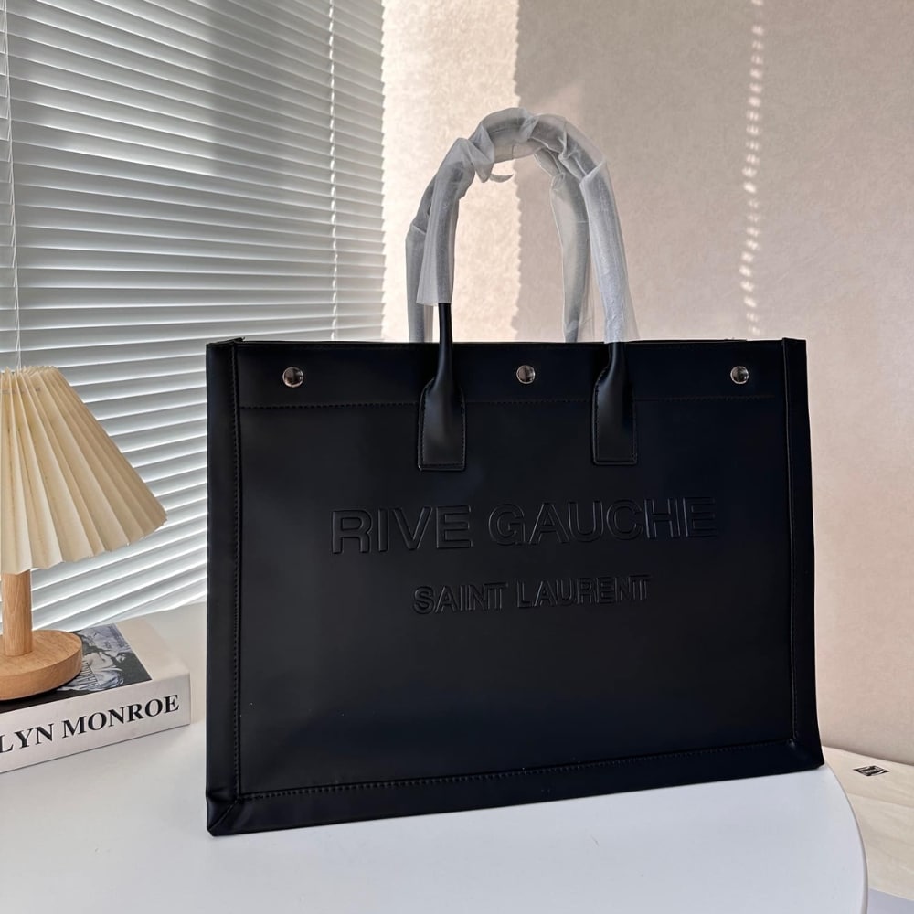 Saint Laurent Rive Gauche Large Tote Bag In Glazed Leather Black 48Cm 587273Aacp21000