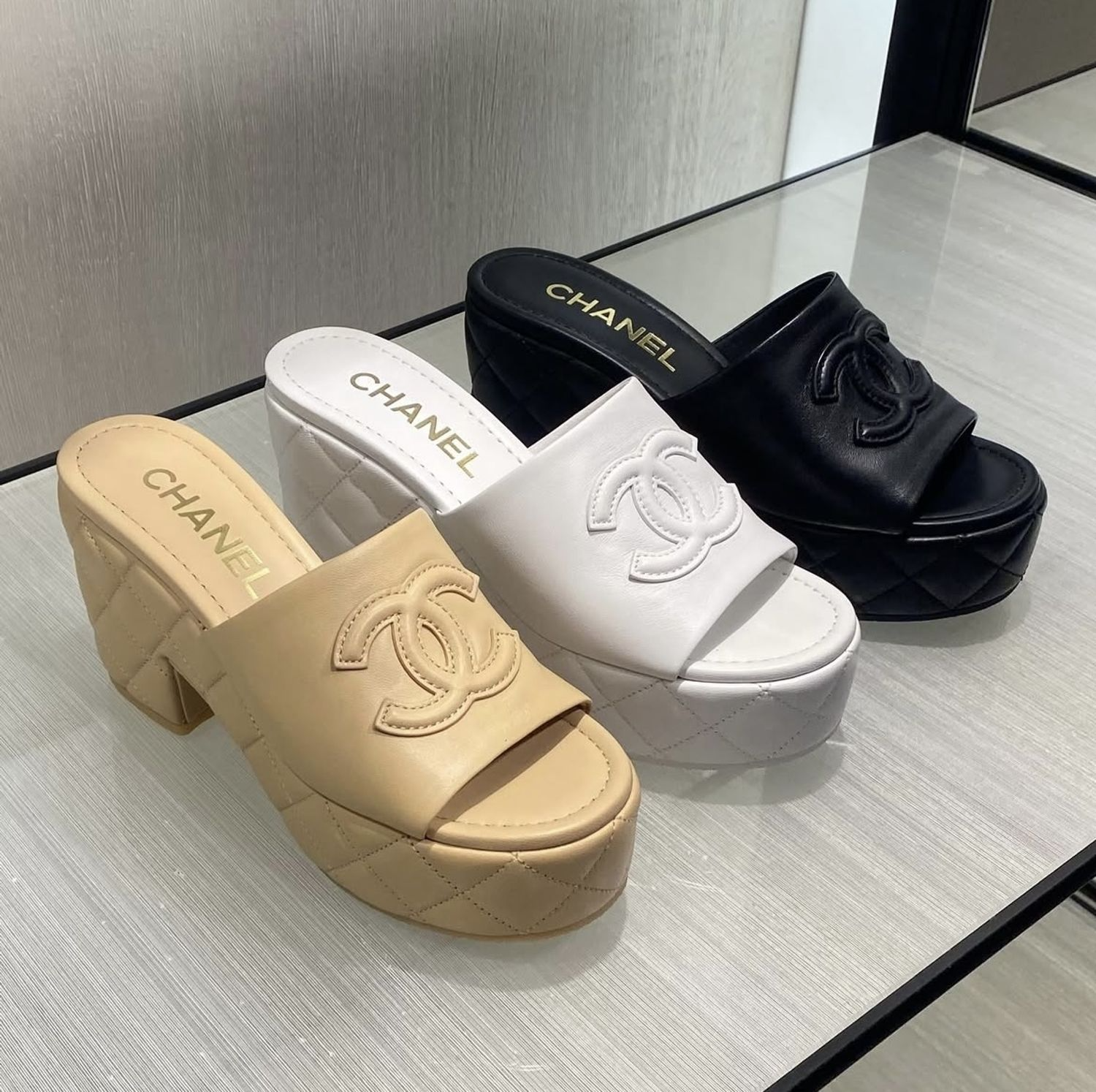 Chanel CC Embossed Logo High Heel Mules in Black Quilted Calfskin