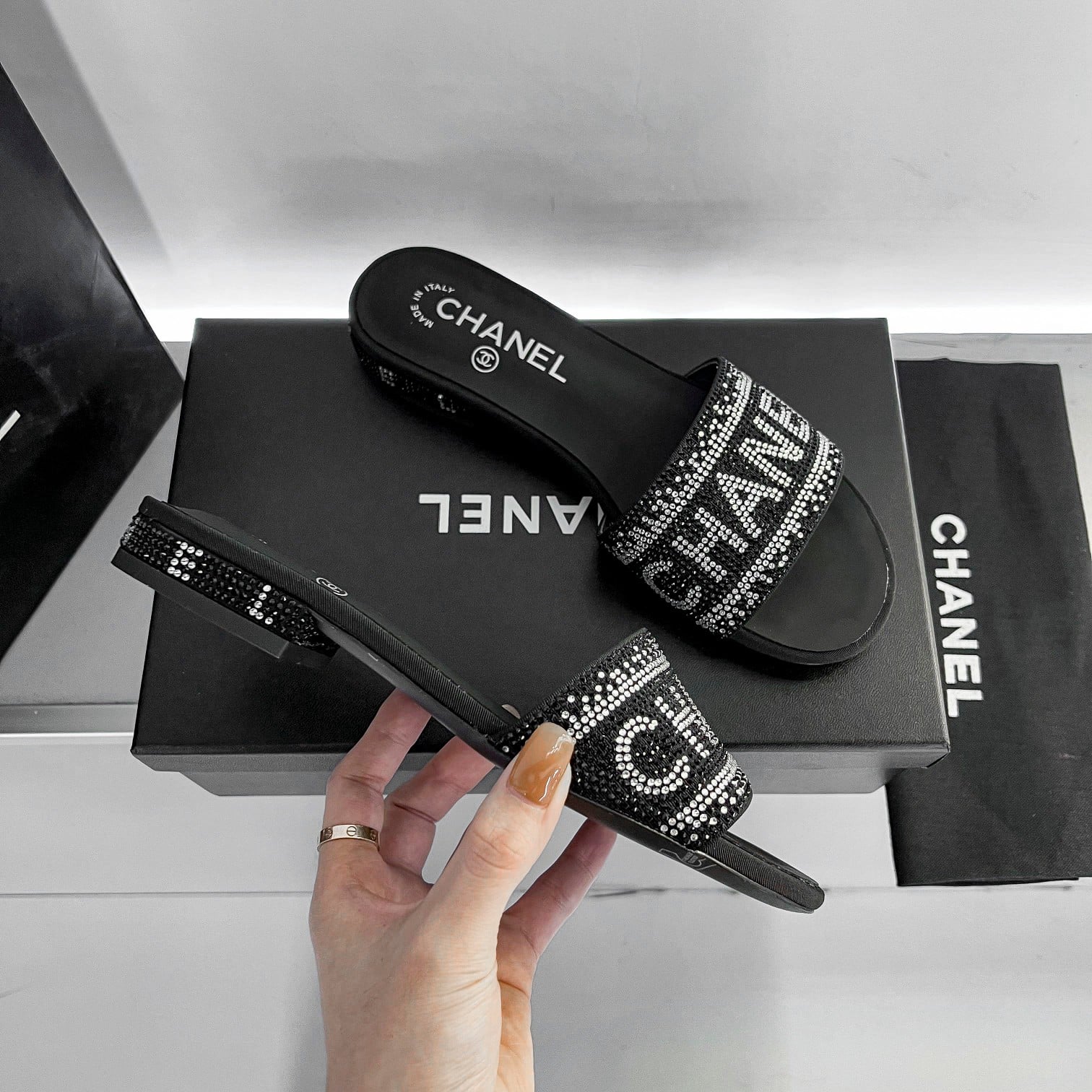 Chanel 24P Beaded Diamond Slippers Black