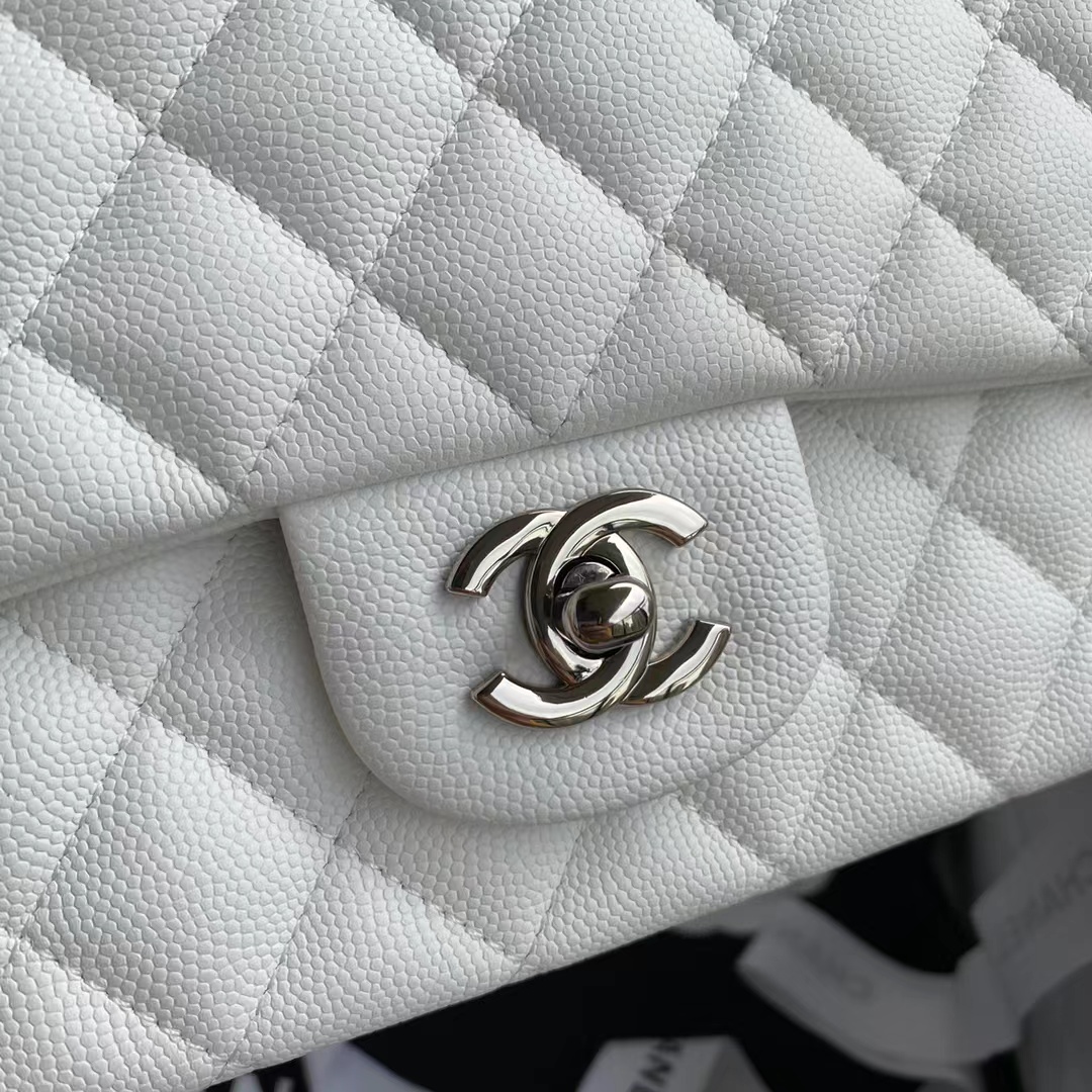 Chanel Classic Double Flap Bag White Silver Hardware 25Cm/10in